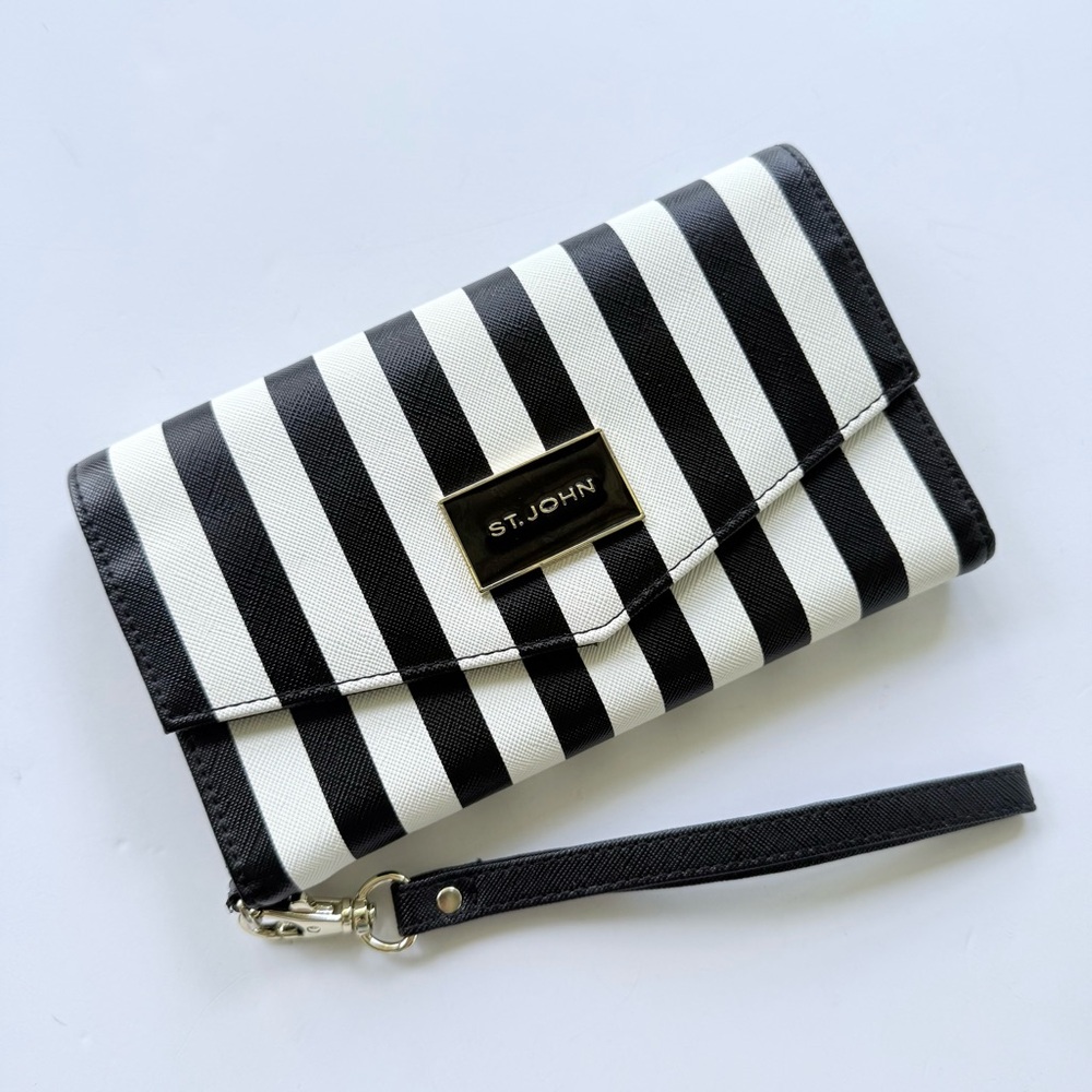 St. John Black White / Ivory Striped Saffiano Style Tri-Fold Wallet / Wristlet